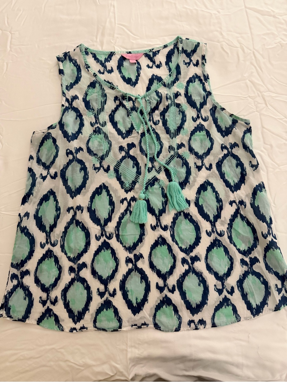 Lilly Pulitzer White Navy and Mint Green Printed Tassel Camisole